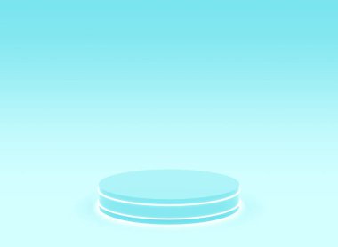 3D mavi ışıklı silindir podyum minimum stüdyo mavi parlak arka plan. Soyut 3d geometrik şekil çizimi. Bilim teknolojisi ürünü için görüntüleme.