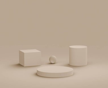 3D kahverengi kremalı sahne podyumu stüdyo arka planında modern tasarım. Soyut 3d geometrik şekil çizimi. Kozmetik moda ürünleri için görüntü. Doğal renk tonları.