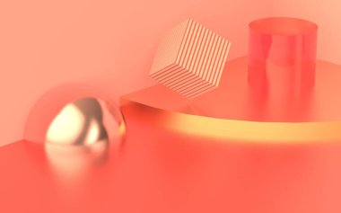 3D pembe podyum, en az pastel renkli stüdyo arka planı. Soyut 3d geometrik şekil çizimi çizimi.