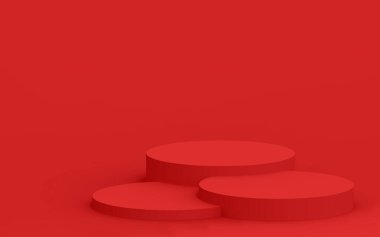 3d kırmızı silindir podyum minimum stüdyo arkaplanı. Soyut 3d geometrik şekil çizimi. Yaz tatili ürünleri için görüntü.
