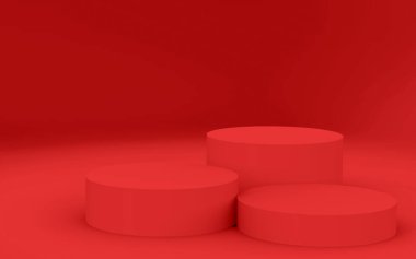 3d kırmızı silindir podyum minimum stüdyo arkaplanı. Soyut 3d geometrik şekil çizimi. Yaz tatili ürünleri için görüntü.