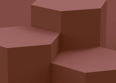 Soyut 3d kahverengi altıgen podyum minimum stüdyo arkaplanı. 3 boyutlu geometrik şekil çizimi. Kozmetik güzellik ve moda ürünleri için görüntü. Yiyecek ve içecek.