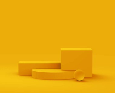 3D sarı podyum, minimum stüdyo arka planı. Soyut 3d geometrik şekil çizimi. Yaz tatili ürünü için görüntü.