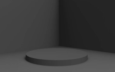 3d gri siyah silindir podyum minimum stüdyo arkaplanı. Soyut 3d geometrik şekil çizimi. İş ürünü sunumu için.