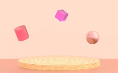 3D ahşap podyum, en az pastel stüdyo arka planı. Soyut 3d geometrik şekil çizimi çizimi.