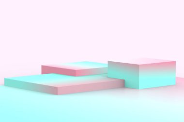 Yumuşak pastel arka planda 3D mavi pembe küpler eğimli renkler. Soyut 3d geometrik şekil çizimi. Yaz tatili ürünleri için görüntü.