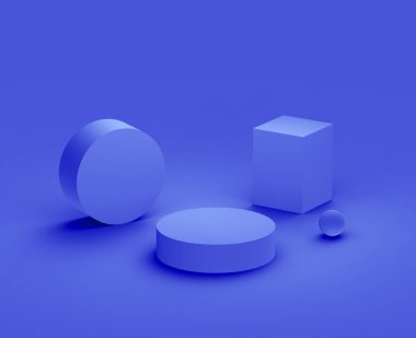 3D kraliyet mavi ve mor platform minimal stüdyo arkaplan. Soyut 3d geometrik şekil çizimi. Kozmetik ve güzellik ürünleri için görünüm.