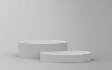 3d gri beyaz silindir podyum minimum stüdyo arkaplanı. Soyut 3d geometrik şekil çizimi çizimi.