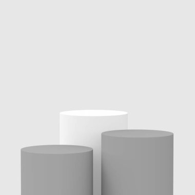 3d gri beyaz silindir podyum minimum stüdyo arkaplanı. Soyut 3d geometrik şekil çizimi. Kozmetik parfüm ürünleri için görünüm.