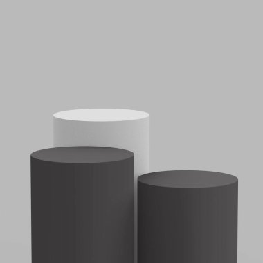 3d gri ve beyaz renkli siyah silindir podyum stüdyo arka planı minimal. Soyut 3d geometrik şekil çizimi. Ürün işi için çevrimiçi görünüm.