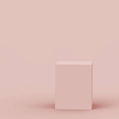 3D tozlu pembe küp ve küçük podyum stüdyo arka planı. Soyut 3d geometrik şekil çizimi. Doğal renk tonları.