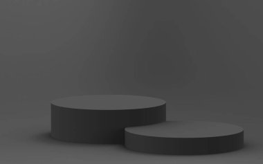 3d gri siyah silindir podyum minimum stüdyo arkaplanı. Soyut 3d geometrik şekil çizimi. İş ürünü sunumu için.