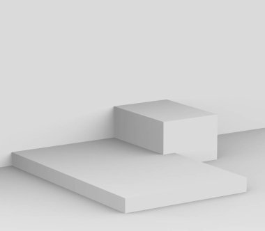 3D gri küp ve küçük podyum stüdyo arka planı. Soyut 3d geometrik şekil çizimi. Çevrimiçi iş ürünü için göster.