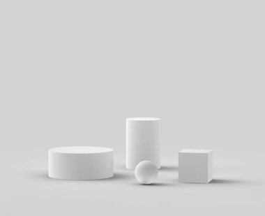 3d beyaz gri podyum stüdyo arka planı. Soyut 3d geometrik şekil çizimi. Kozmetik ve güzellik ürünleri için görünüm.