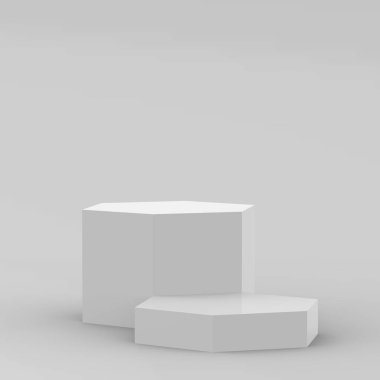 3d beyaz gri altıgen podyum minimum stüdyo arka planı. Soyut 3d geometrik şekil çizimi. Kozmetik ve güzellik ürünleri için görünüm.