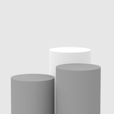 3d gri beyaz silindir podyum minimum stüdyo arkaplanı. Soyut 3d geometrik şekil çizimi. Kozmetik parfüm ürünleri için görünüm.