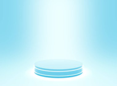 3D mavi ışıklı silindir podyum minimum stüdyo mavi parlak arka plan. Soyut 3d geometrik şekil çizimi. Bilim teknolojisi ürünü için görüntüleme.