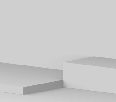 3D gri küp ve küçük podyum stüdyo arka planı. Soyut 3d geometrik şekil çizimi. Çevrimiçi iş ürünü için göster.