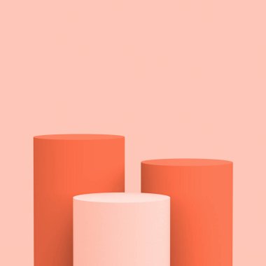 3d turuncu beyaz silindir podyum minimum stüdyo arka planı. Soyut 3d geometrik şekil çizimi. Kozmetik parfüm ürünleri için görünüm.