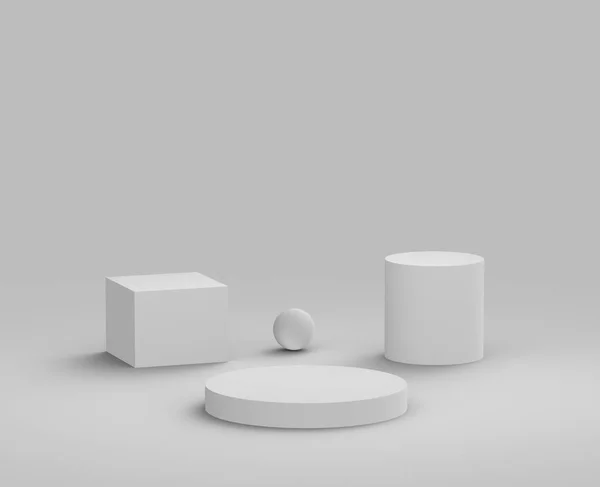 3d beyaz gri podyum stüdyo arka planı. Soyut 3d geometrik şekil çizimi. Kozmetik ve güzellik ürünleri için görünüm.