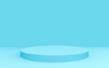 3D mavi silindir podyum minimum stüdyo arkaplanı. Soyut 3d geometrik şekil çizimi. İlaç ürünü için görünüm