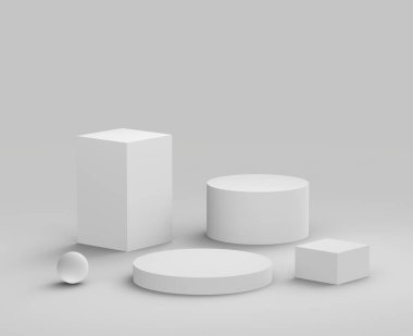 3d beyaz gri podyum stüdyo arka planı. Soyut 3d geometrik şekil çizimi. Kozmetik ve güzellik ürünleri için görünüm.