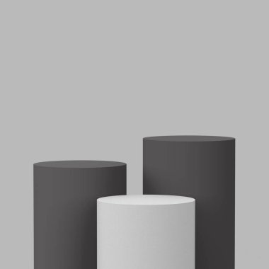 3d gri ve beyaz renkli siyah silindir podyum stüdyo arka planı minimal. Soyut 3d geometrik şekil çizimi. Ürün işi için çevrimiçi görünüm.