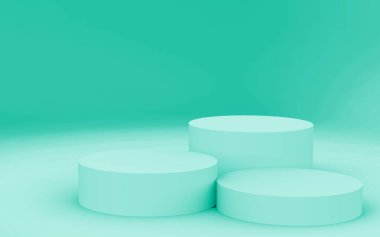3D yeşil, parlak silindir podyum stüdyo arkaplanı. Soyut 3d geometrik şekil çizimi. Gıda için doğal ürün görüntüsü.