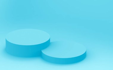 3D mavi silindir podyum minimum stüdyo arkaplanı. Soyut 3d geometrik şekil çizimi. İlaç ürünü için görünüm