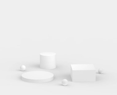 3d beyaz gri podyum stüdyo arka planı. Soyut 3d geometrik şekil çizimi. Kozmetik ve güzellik ürünleri için görünüm.