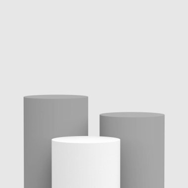 3d gri beyaz silindir podyum minimum stüdyo arkaplanı. Soyut 3d geometrik şekil çizimi. Kozmetik parfüm ürünleri için görünüm.