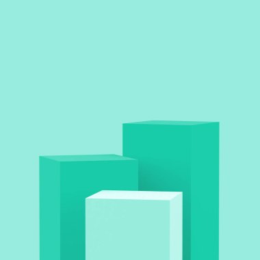 3D yeşil turkuaz pastel küp kare podyum stüdyo arka planı. Soyut 3d geometrik şekil çizimi. Kozmetik parfüm ve yaz ürünleri için görüntü.