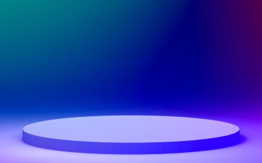 3d mor neon ışıklı silindir podyum minimal stüdyo gradyan koyu renk arka plan. Soyut 3d geometrik şekil çizimi. Gece kulübü partisi ve teknoloji ürünü.