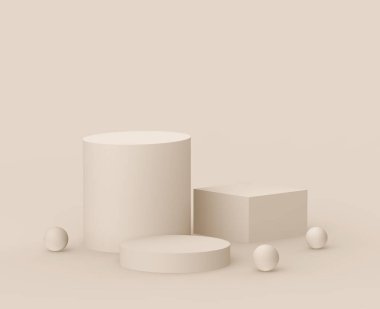 3D kahverengi kremalı sahne podyumu stüdyo arka planında modern tasarım. Soyut 3d geometrik şekil çizimi. Kozmetik moda ürünleri için görüntü. Doğal renk tonları.