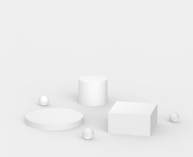 3d beyaz gri podyum stüdyo arka planı. Soyut 3d geometrik şekil çizimi. Kozmetik ve güzellik ürünleri için görünüm.