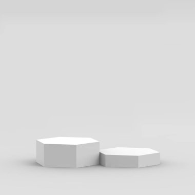 3d beyaz gri altıgen podyum minimum stüdyo arka planı. Soyut 3d geometrik şekil çizimi. Kozmetik ve güzellik ürünleri için görünüm.