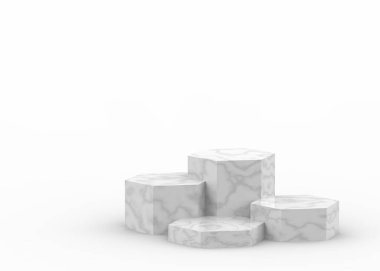 3d beyaz gri altıgen mermer ve altın podyum minimum stüdyo arka planı. Soyut 3d geometrik şekilli lüks nesne çizimi. Kozmetik ve güzellik ürünleri için görünüm.