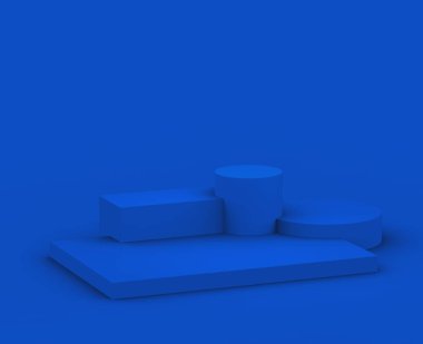 3D mavi podyum modern minimal tasarım stüdyo arka planında. Soyut 3d geometrik şekil çizimi. Sevgililer Günü ürünü için göster.