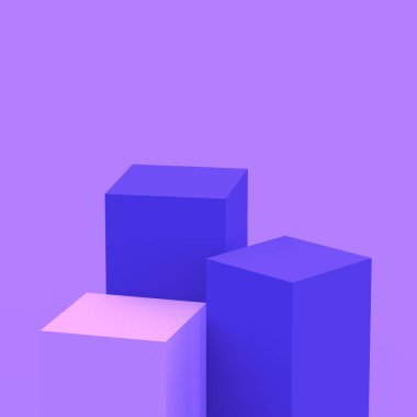 3D mor menekşe ve beyaz küp kare podyum minimum stüdyo arkaplanı. Soyut 3d geometrik şekil çizimi. Kozmetik parfüm ürünleri için görünüm.