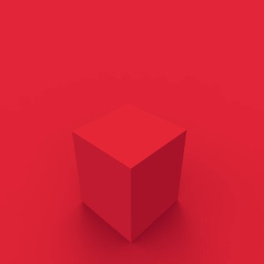 3D kırmızı küp ve küçük podyum sahne stüdyosu arka planı. Soyut 3d geometrik şekil çizimi. Çin Yeni Yıl Tatili ve Mutlu Noeller ürünleri için ekran.