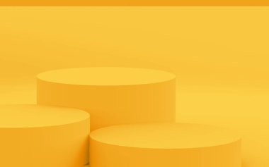 3D sarı silindir podyum minimum stüdyo arkaplanı. Soyut 3d geometrik şekil çizimi. Yaz tatili ürünleri için görüntü.
