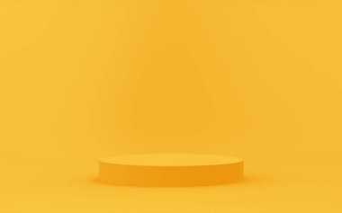 3D sarı silindir podyum minimum stüdyo arkaplanı. Soyut 3d geometrik şekil çizimi. Yaz tatili ürünleri için görüntü.
