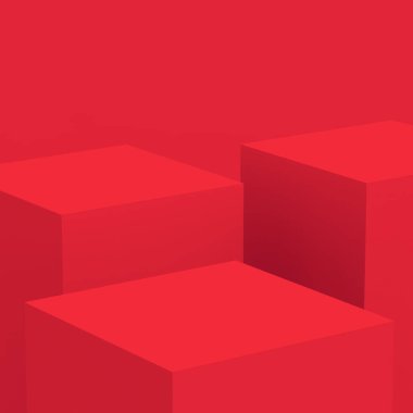 3D kırmızı küp ve küçük podyum sahne stüdyosu arka planı. Soyut 3d geometrik şekil çizimi. Çin Yeni Yıl Tatili ve Mutlu Noeller ürünleri için ekran.