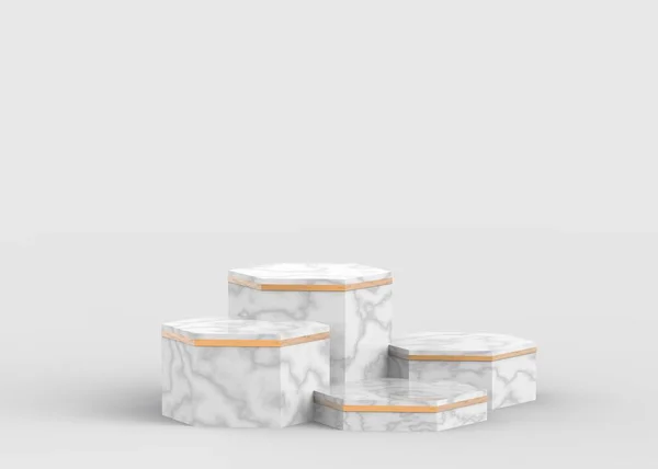3d beyaz gri altıgen mermer ve altın podyum minimum stüdyo arka planı. Soyut 3d geometrik şekilli lüks nesne çizimi. Kozmetik ve güzellik ürünleri için görünüm.
