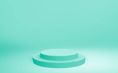 3D yeşil, parlak silindir podyum stüdyo arkaplanı. Soyut 3d geometrik şekil çizimi. Gıda için doğal ürün görüntüsü.