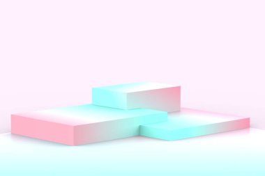 Yumuşak pastel arka planda 3D mavi pembe küpler eğimli renkler. Soyut 3d geometrik şekil çizimi. Yaz tatili ürünleri için görüntü.