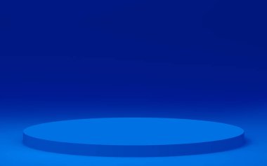 3D mavi silindir podyum minimum stüdyo arkaplanı. Soyut 3d geometrik şekil çizimi. Teknoloji ürünü için görüntüleme.