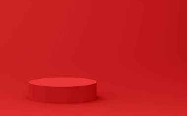 3d kırmızı silindir podyum minimum stüdyo arkaplanı. Soyut 3d geometrik şekil çizimi. Yaz tatili ürünleri için görüntü.