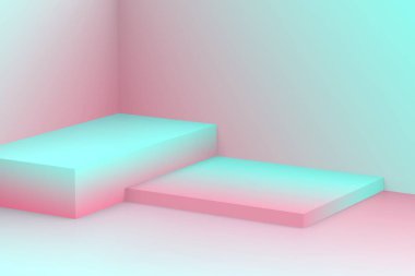 Yumuşak pastel arka planda 3D mavi pembe küpler eğimli renkler. Soyut 3d geometrik şekil çizimi. Yaz tatili ürünleri için görüntü.