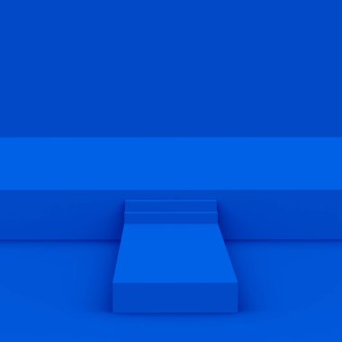 3D mavi küp ve küçük podyum sahne arkası. Soyut 3d geometrik şekil çizimi. Çevrimiçi iş ürünü için göster.